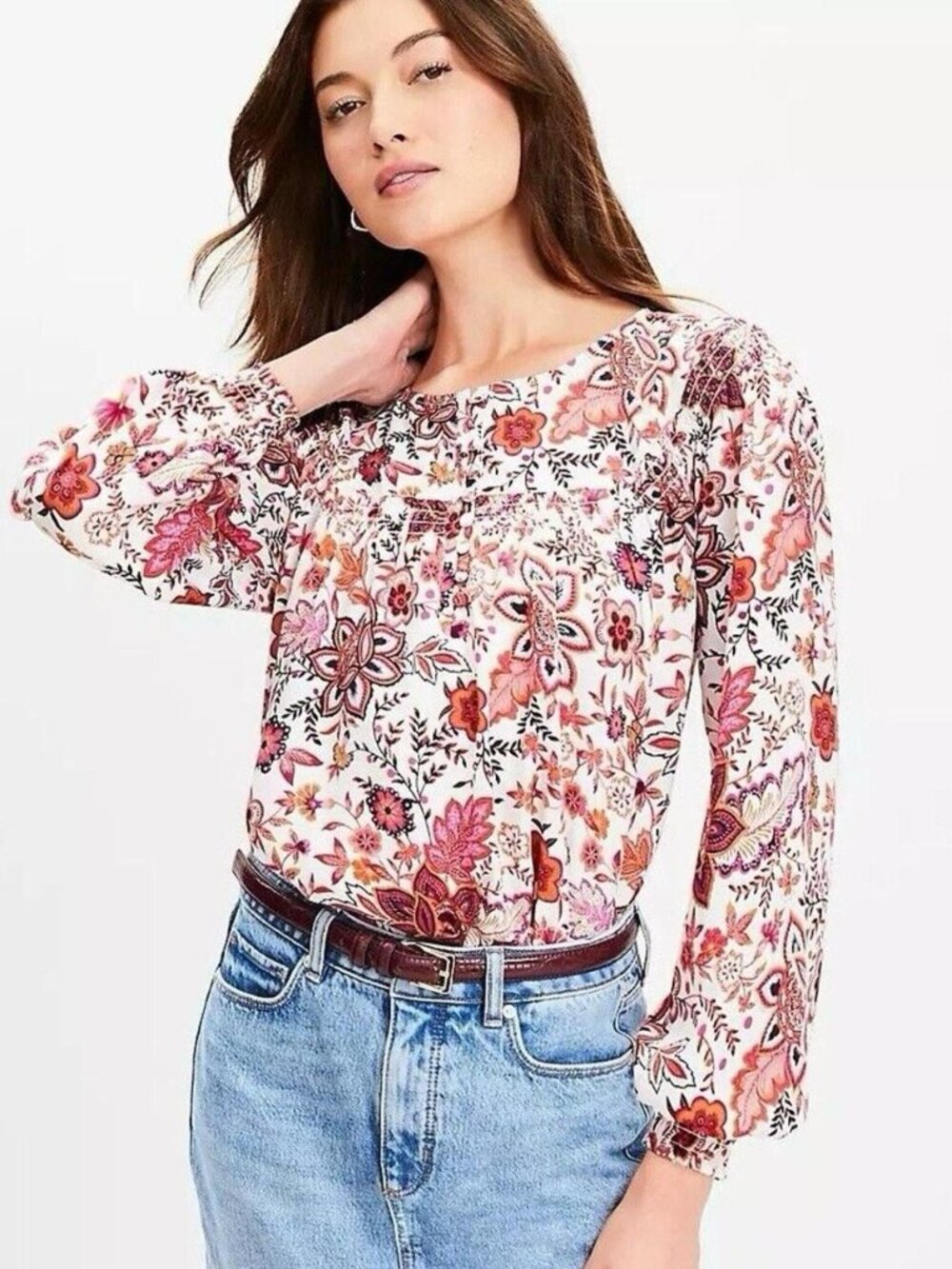 Loft Floral Smocked Peasant Blouse in Red and Pink Sz M